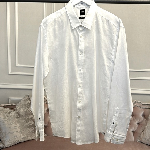 BOSS MENS SLIM FIT STRETCH LINEN BUTTON DOWN SHIRT SIZE XXL AS NEW - Picture 3 of 17